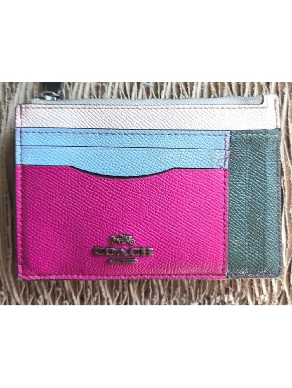 Coach Colorblock Leather Zip Card Case Wallet Magenta Pink Blue Green White
